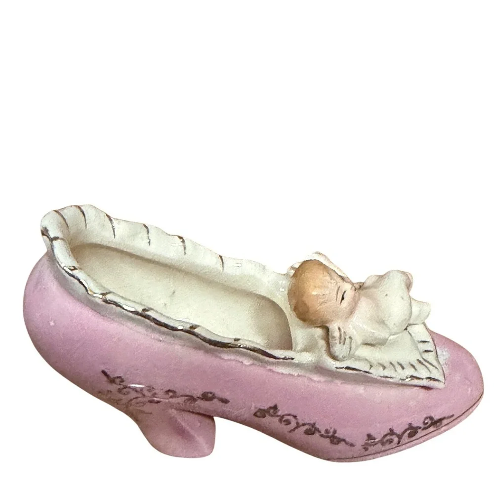 Vintage Moseco Japan Pink Ceramic Shoe Figurine with Cherub Angel Gold Gilt Trim